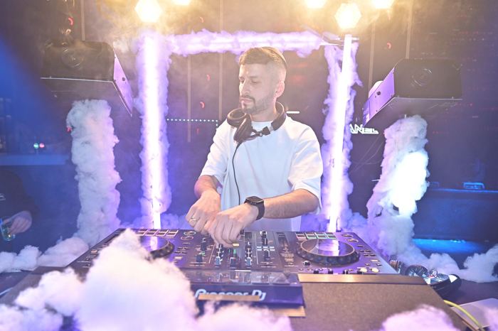 Mixing in purple smoke and lights